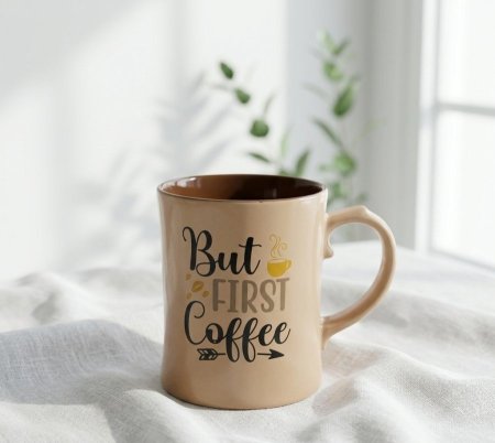 مج بورسلان بيج مع عبارة But First Coffee